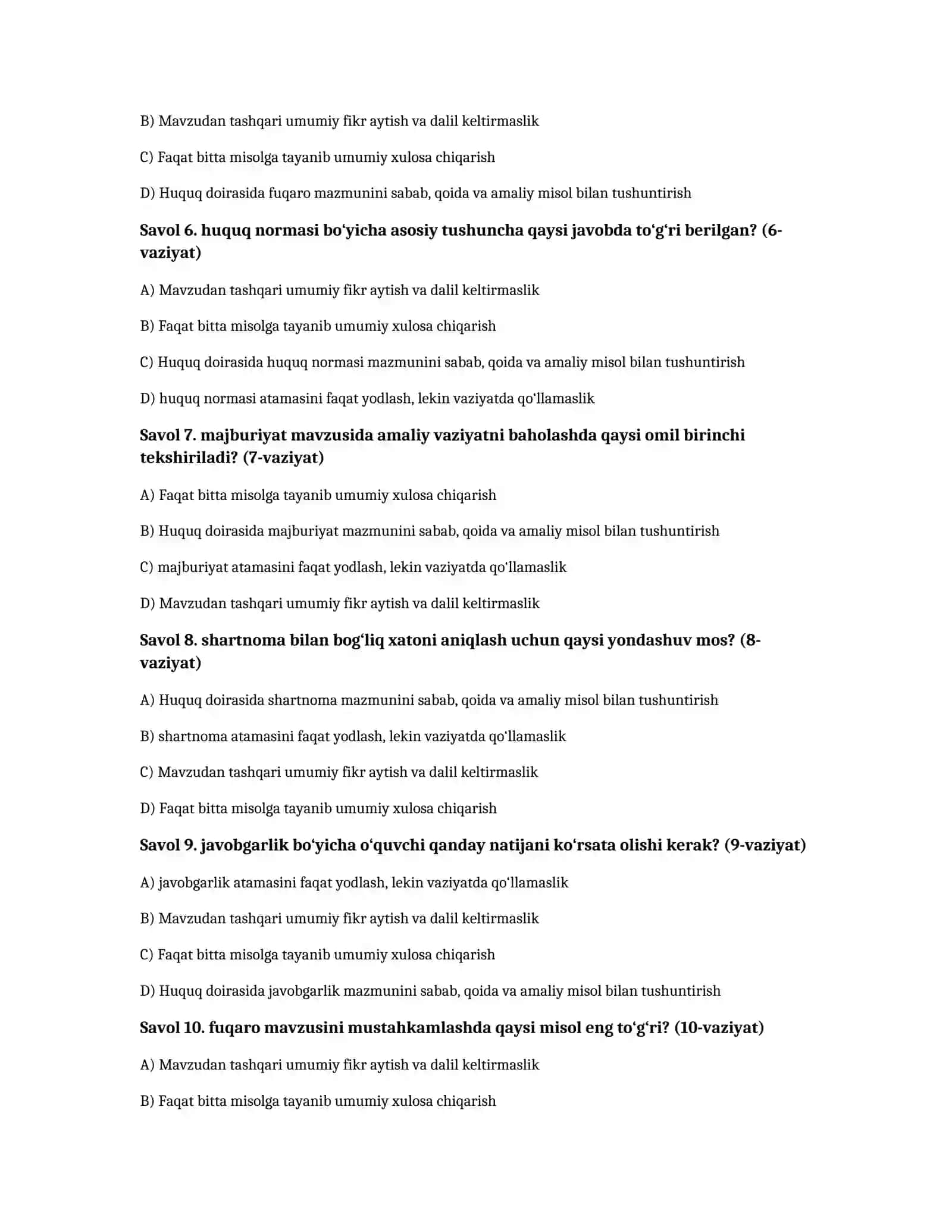 Huquqiy savodxonlik — 100 test javoblari bilan 2