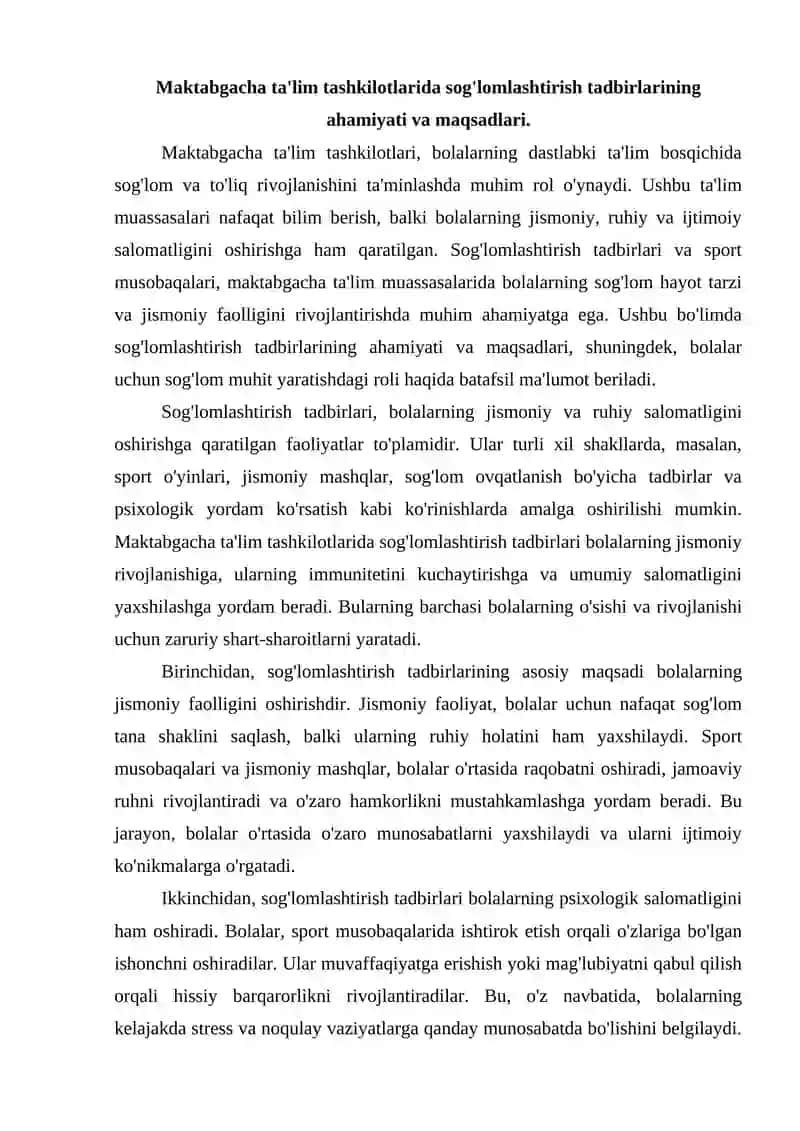 Maktabgacha ta’lim tashkilotlarida sog`lomlashtirish tadbirlarini tashkil qilish, sport musobaqalarini o`tkazish 2
