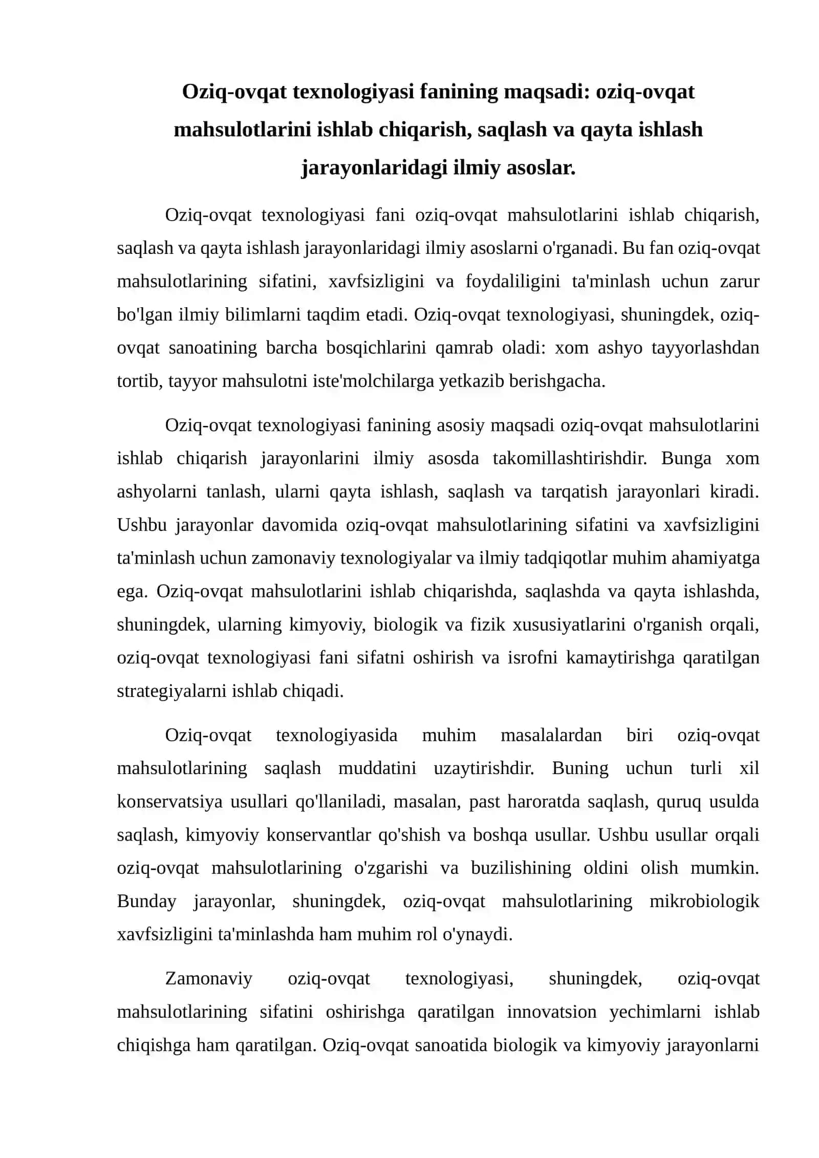 Oziq-ovqat texnologiyasi fanining maqsadi va vazifalari. Zamonaviy muammolar 2