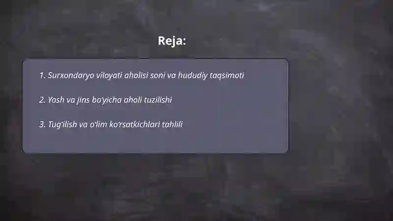 Mintaqalar aholisi demografiyasi va mehnat resurslarini holatini o'rganib tahlil qilish Surxondaryo viloyati. 2