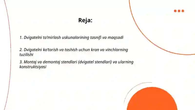 Dvigatelni ta’mirlash, qismlarga ajratish va yig’ish jihozining tuzilishi o‘rganish 2