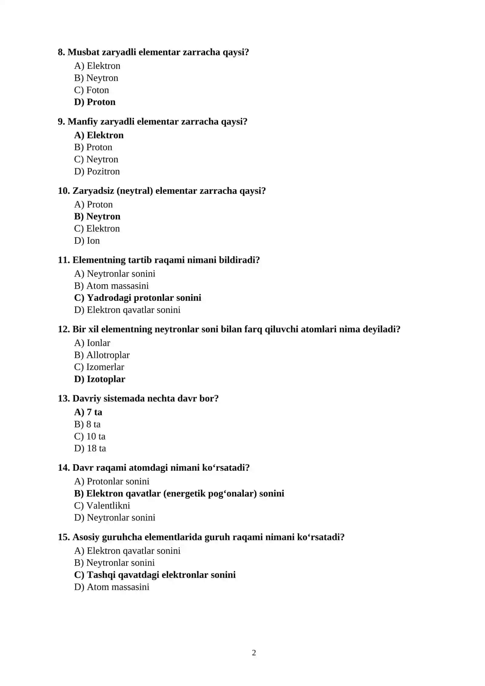 KIMYO FANIDAN 100 TA TEST SAVOLLARI JAVOBLARI BILAN 2