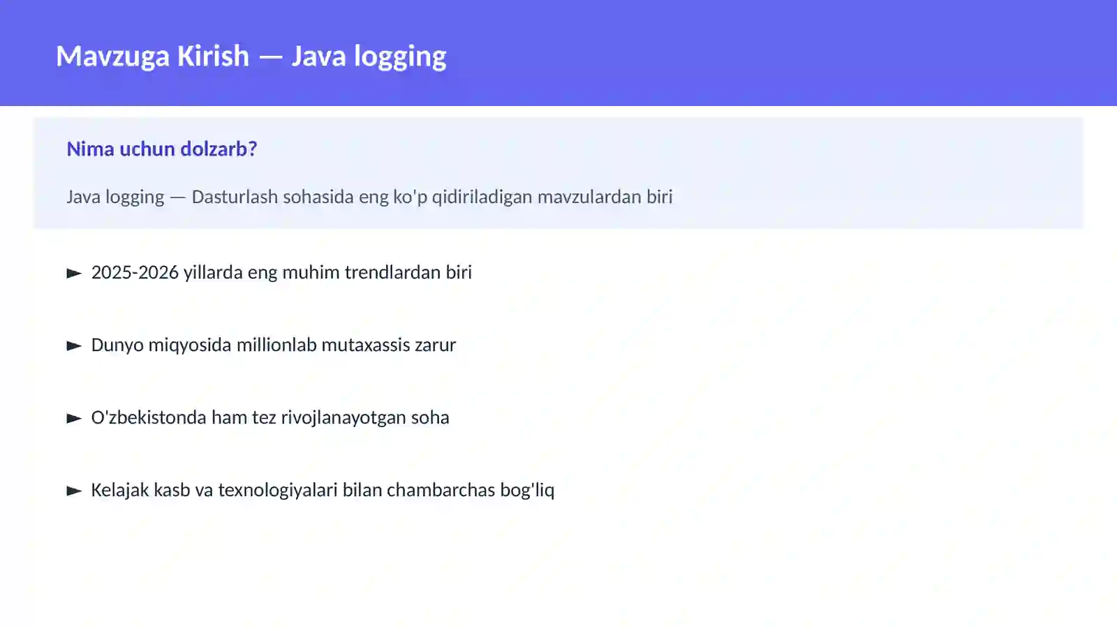 DASTURLASH | JAVA VA KORXONA 2