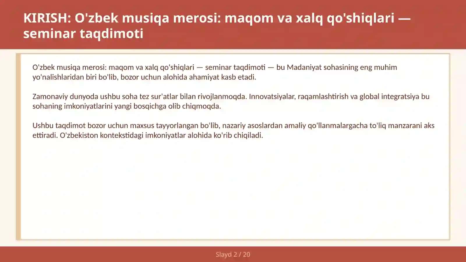 O'zbek musiqa merosi: maqom va xalq qo'shiqlari — seminar taqdimoti 2