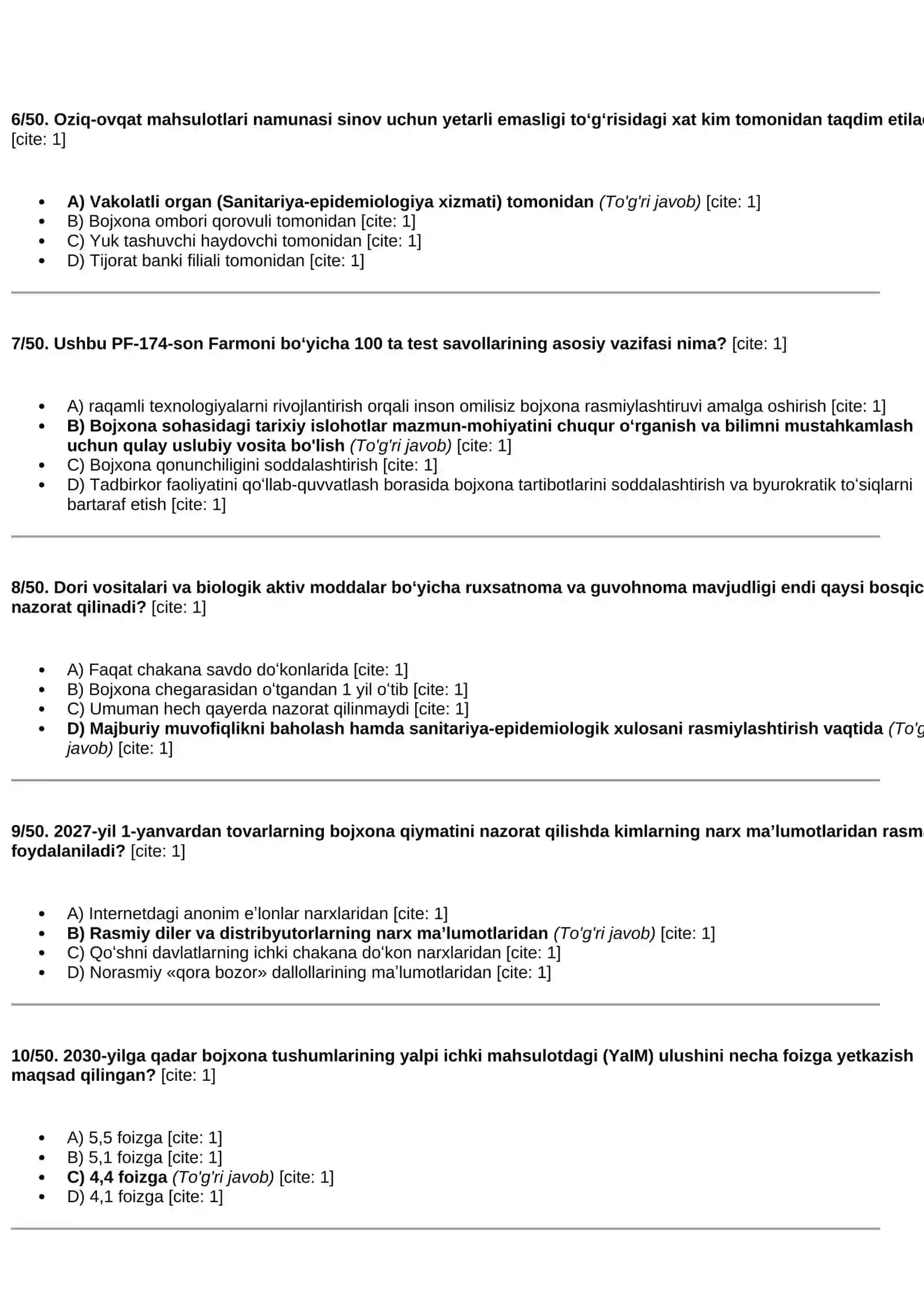 Bojxona testlari javoblari bilan (1–50) 2