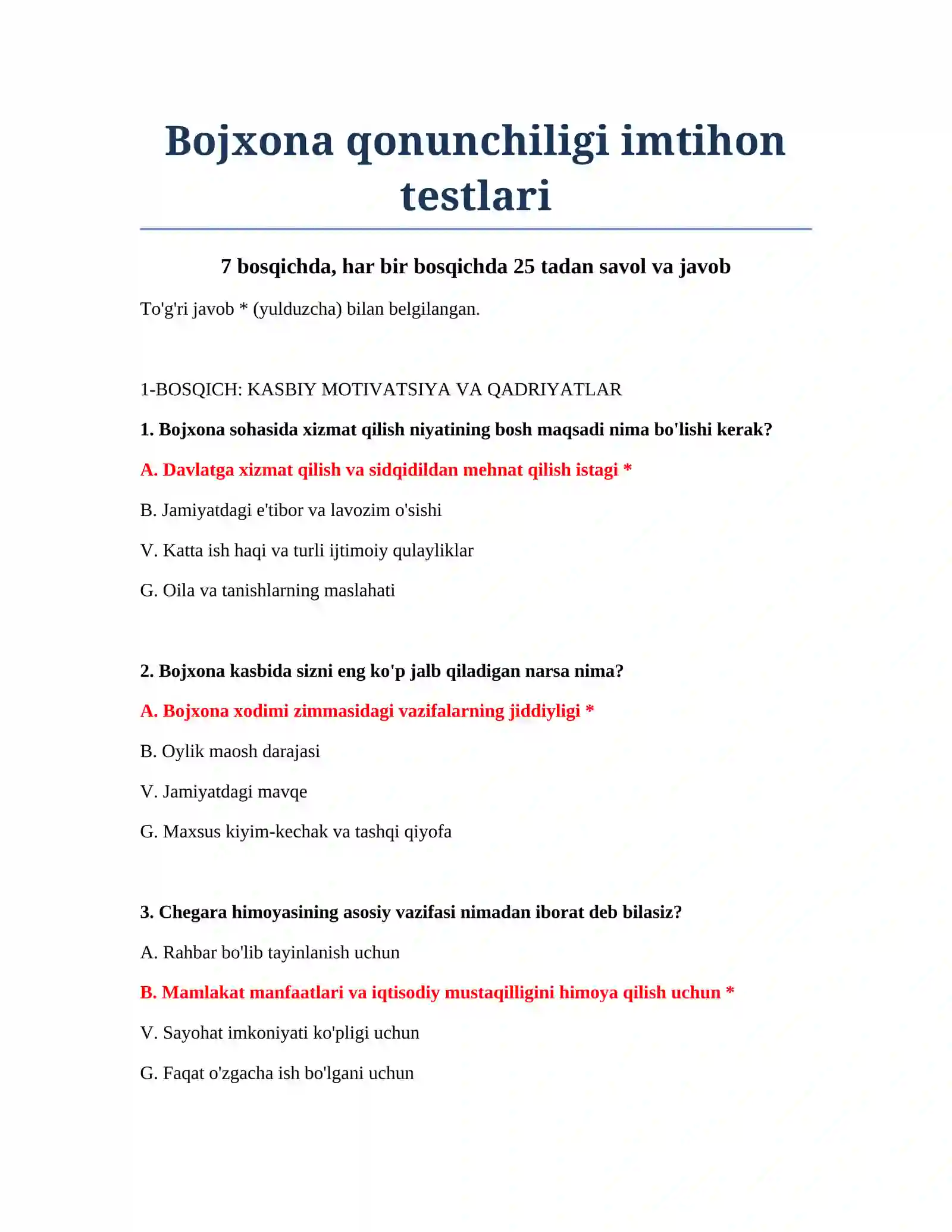Bojxona qonunchiligi imtihon testlari 2