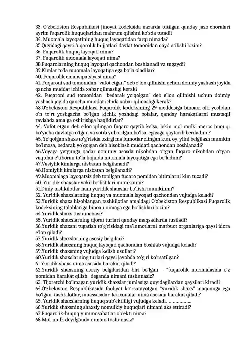 FUQAROLIK HUQUQI FANIDAN TEST SAVOLLARI 2