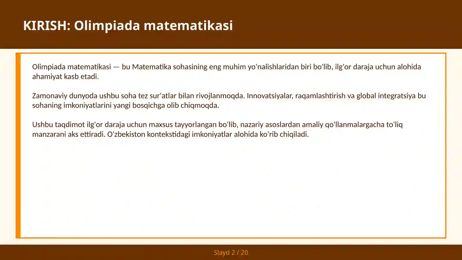 Mavzu: Olimpiada matematikasi 2