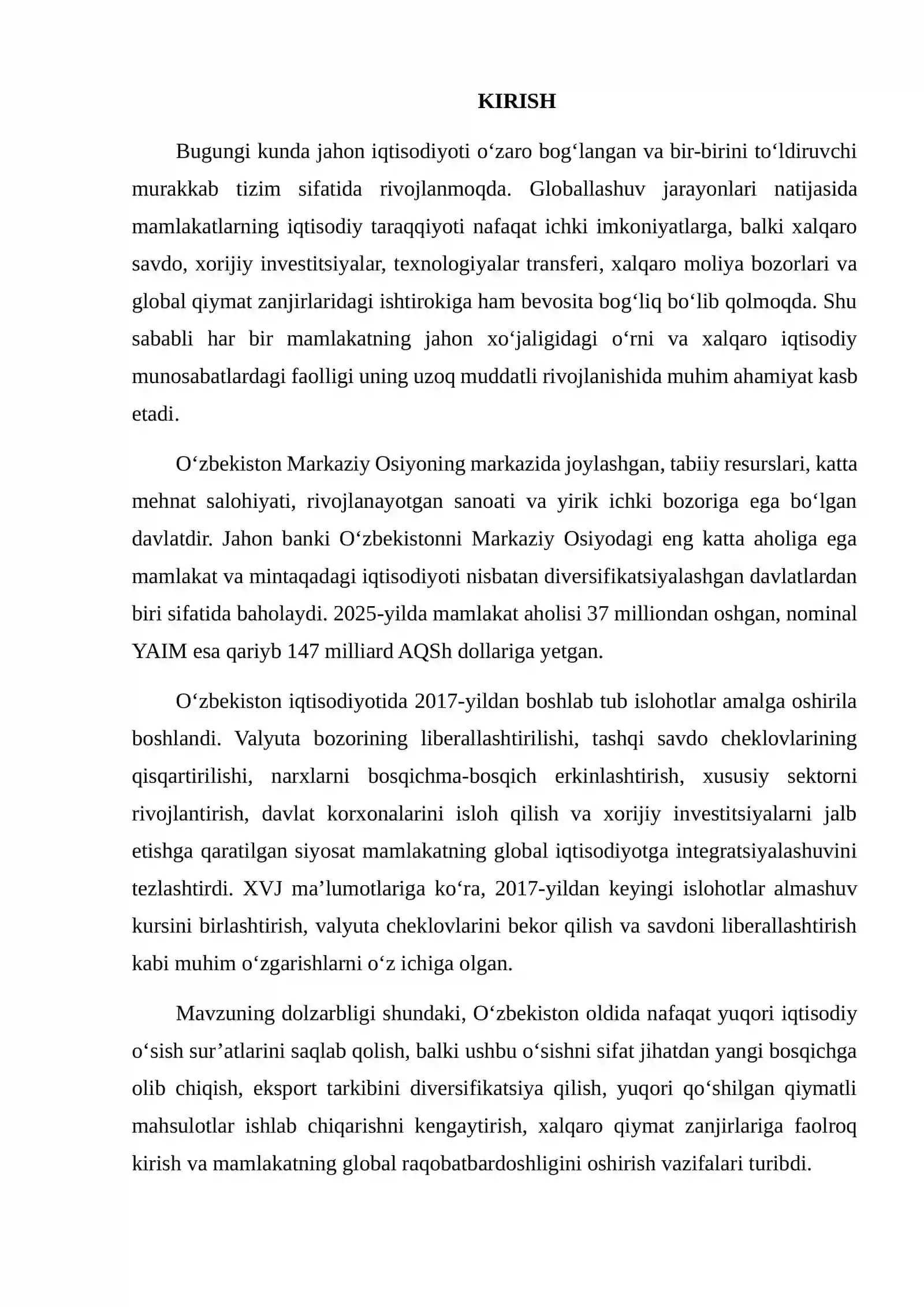 O'ZBEKISTONNING GLOBAL IQTISODIYOTDAGI O'RNI VA RIVOJLANISH ISTIQBOLLARINI TAHLIL QILISH 2