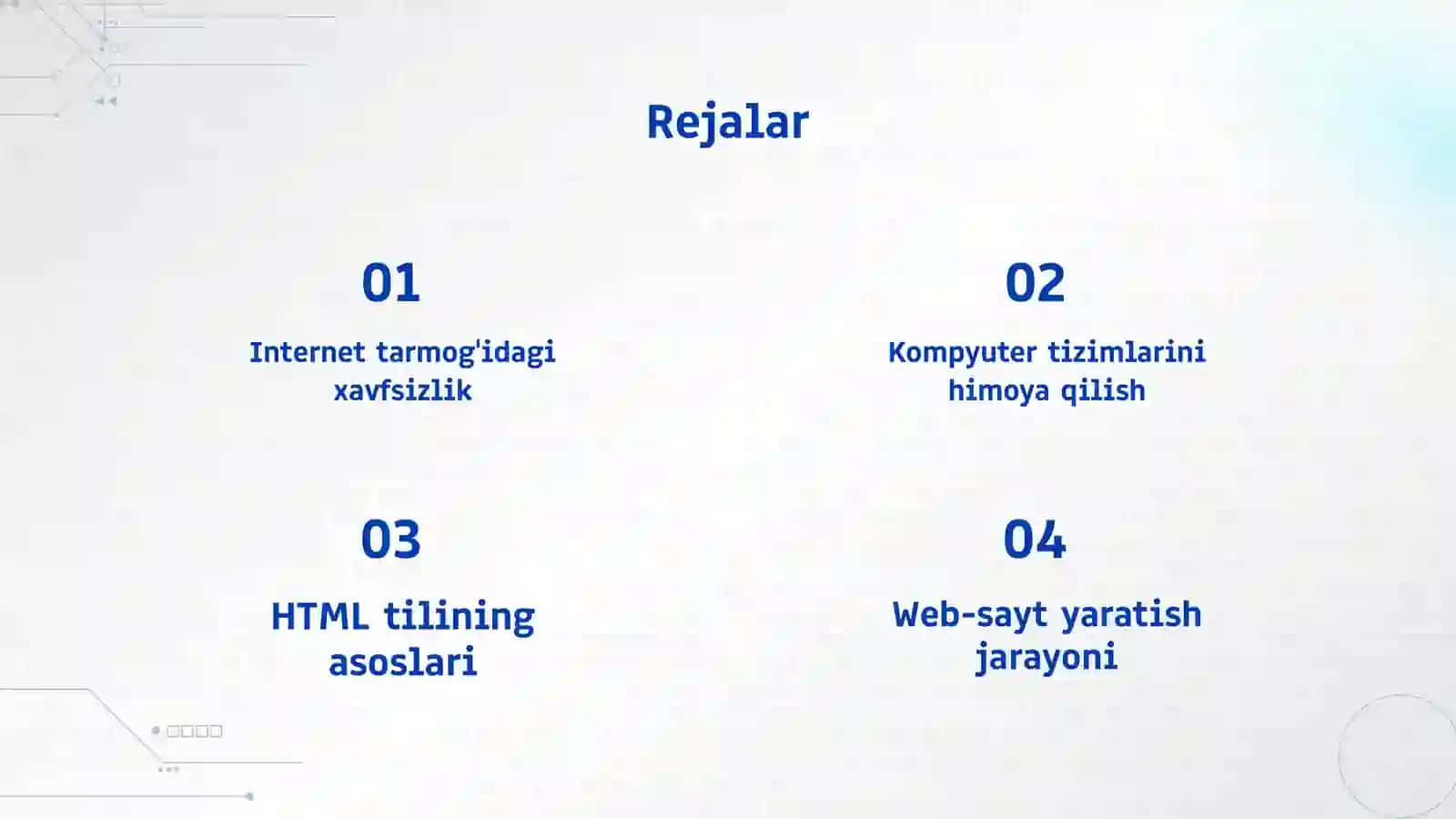 Internet tarmog'i. Kompyuter tizimlari va tarmoqlarida axborotni himoya qilish elementlari va ob'ektlari. HTML tili. Web-sayt yaratish. 2