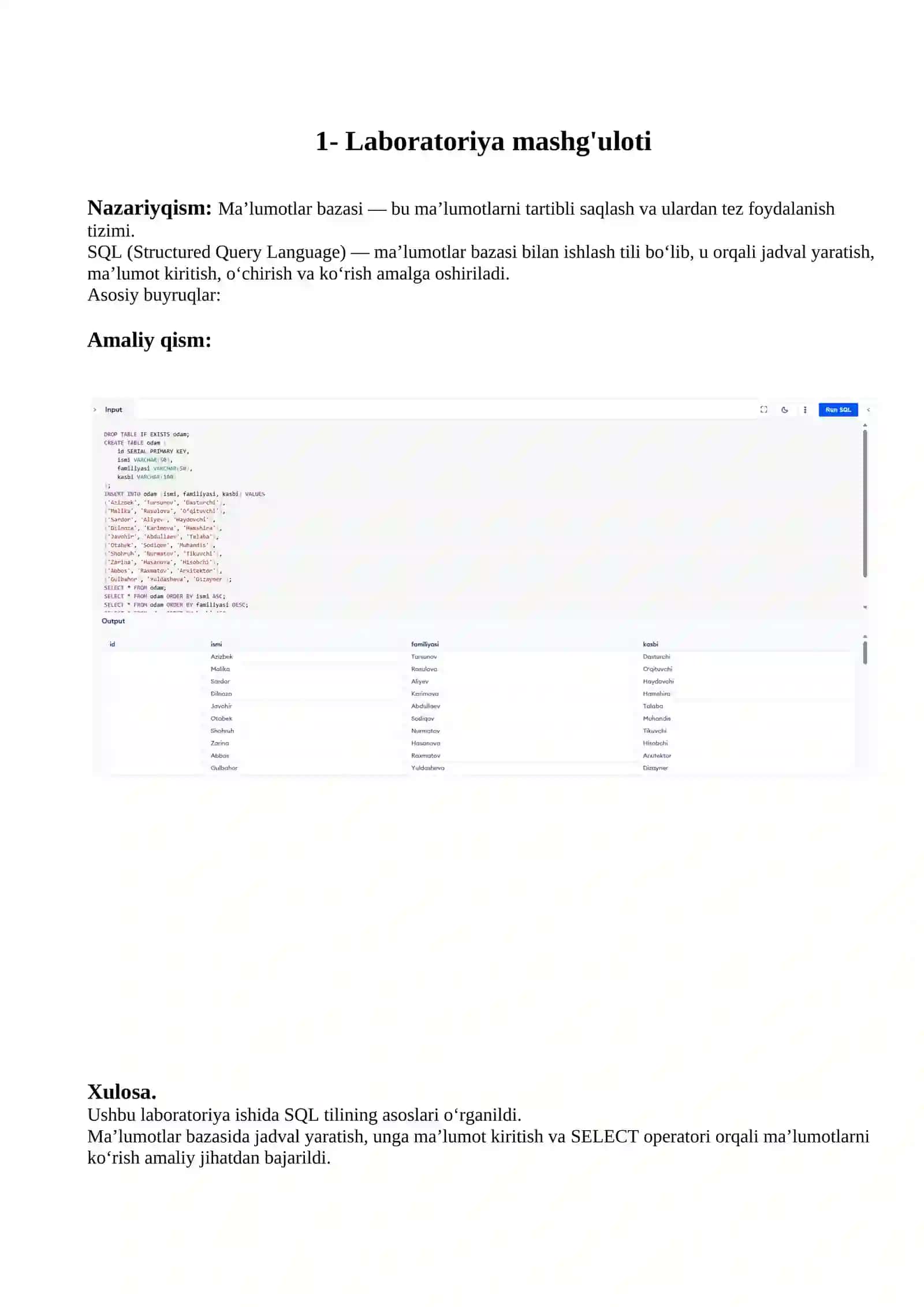 SQL Tilida Ma'lumotlar Bazasi Laboratoriya Mashg'uloti 2
