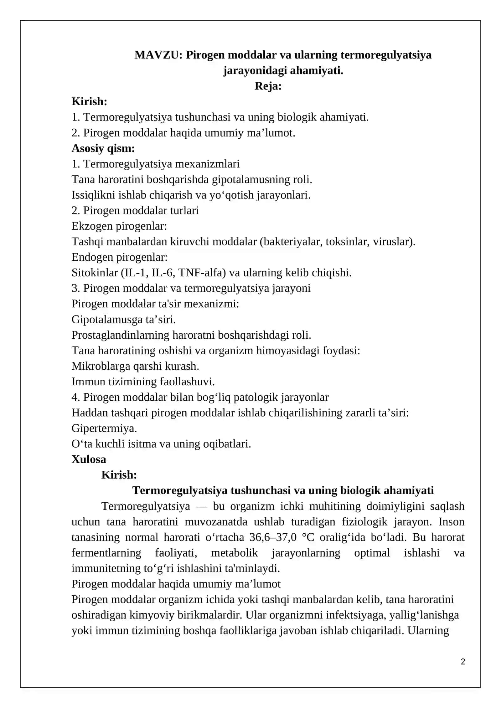 Pirogen moddalar va ularning termoregulyatsiya jarayonidagi ahamiyati 2