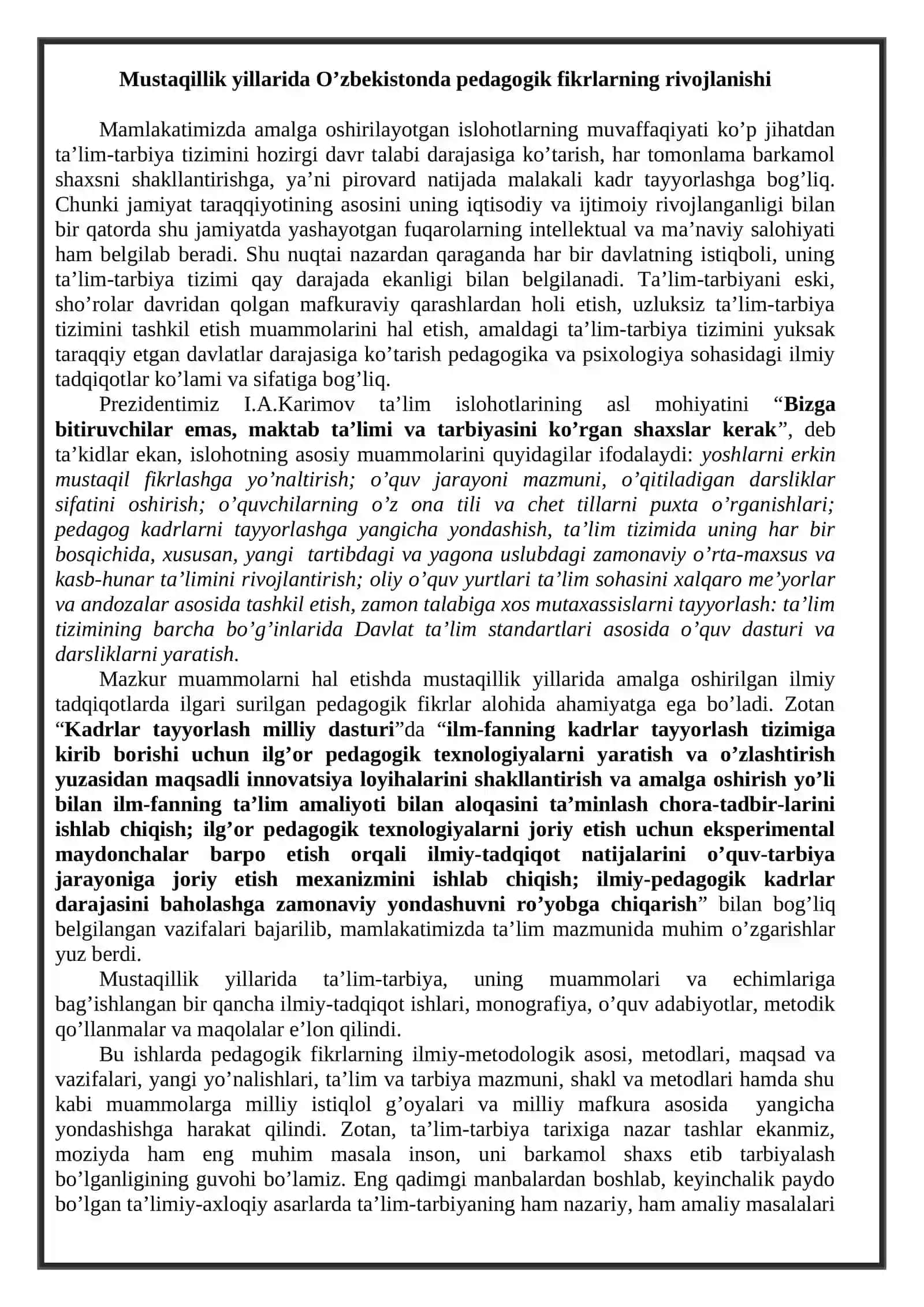 Mustaqil O’zbekistonda ta’lim va pedagogic fikr taraqqiyoti 2