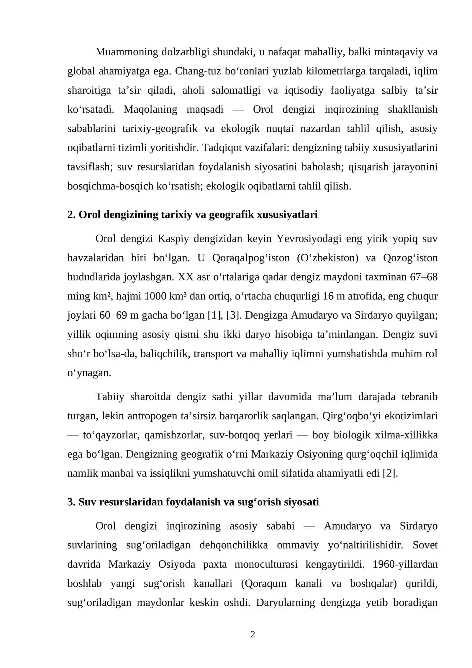 OROL DENGIZI EKOLOGIK INQIROZINING SHAKLLANISH SABABLARI VA ASOSIY OQIBATLARI 2