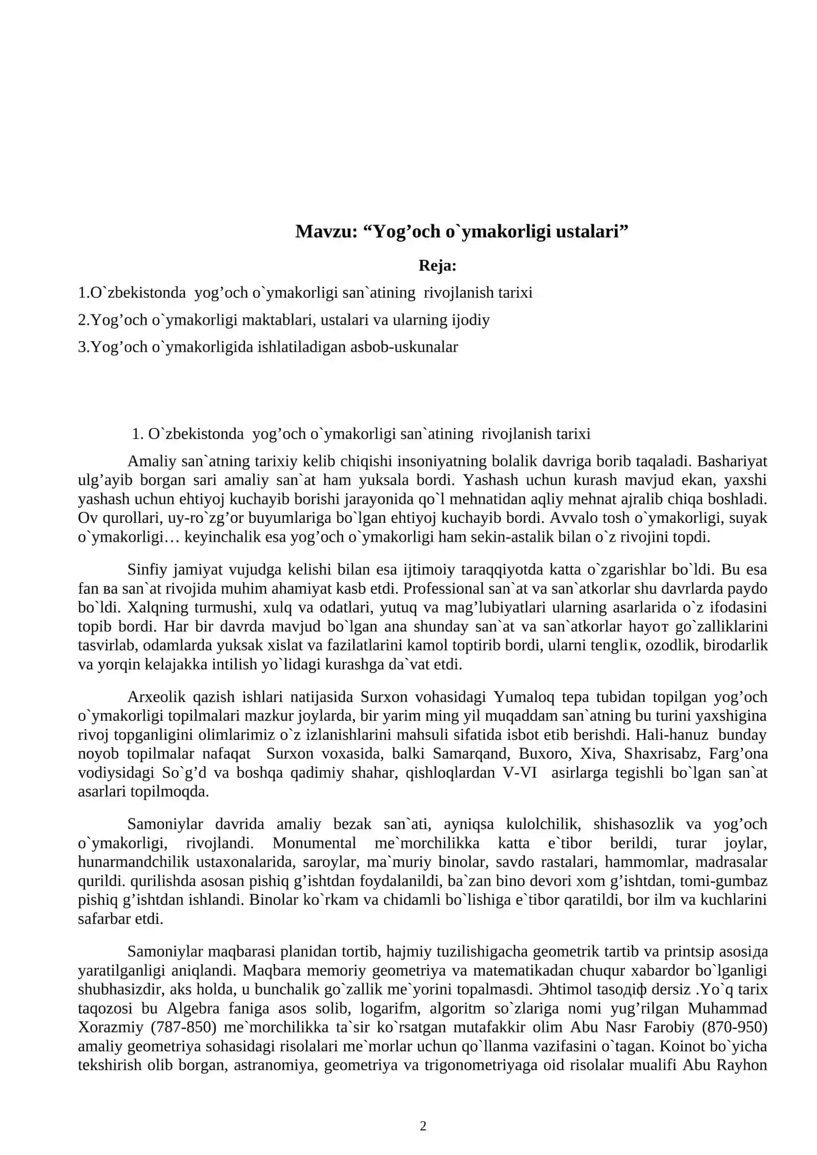 Yog’och o'ymakorligi ustalari. Mustaqil ish 2