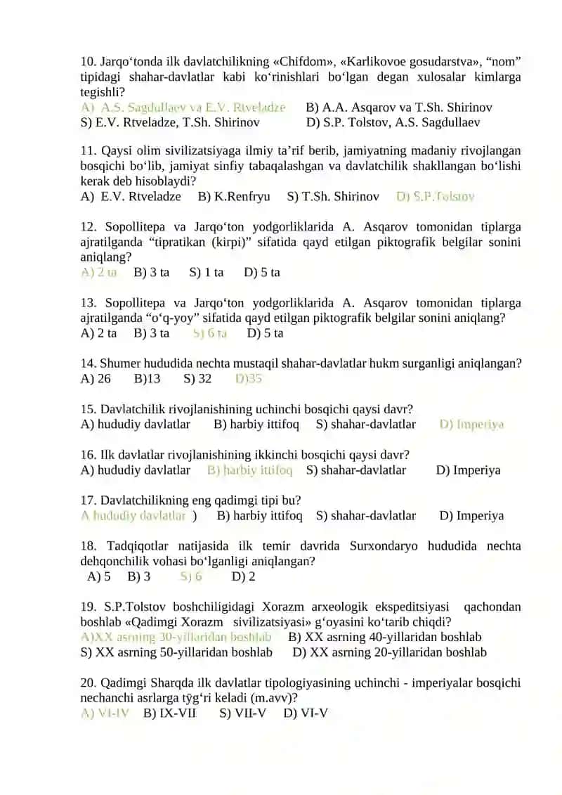 “OKS SIVILIZATSIYASI” FANIDAN S-T-4-KURSLAR TARIX TA ‘LIM YO ‘NALISHI TALABALARI UCHUN JORIY NAZORAT TESTI 2