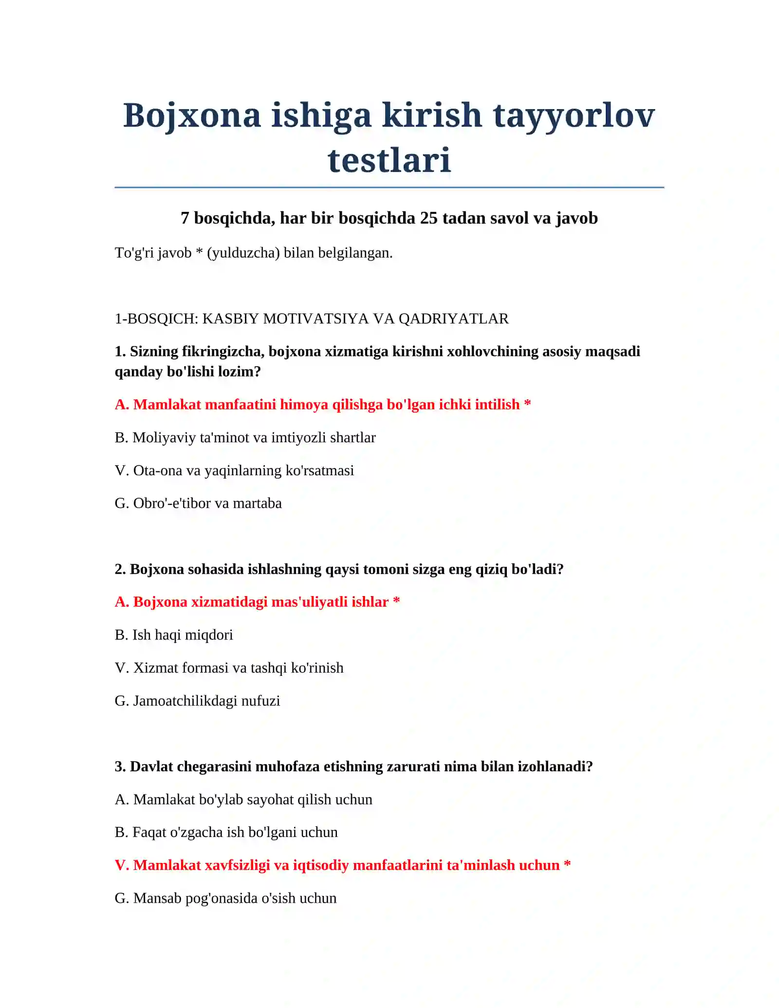 Bojxona ishiga kirish tayyorlov testlari 2