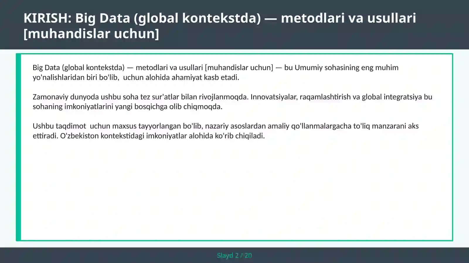 Big Data (GLOBAL KONTEKSTDA) — METODLARI VA USULLARI [MUHANDISLAR UCHUN] 2