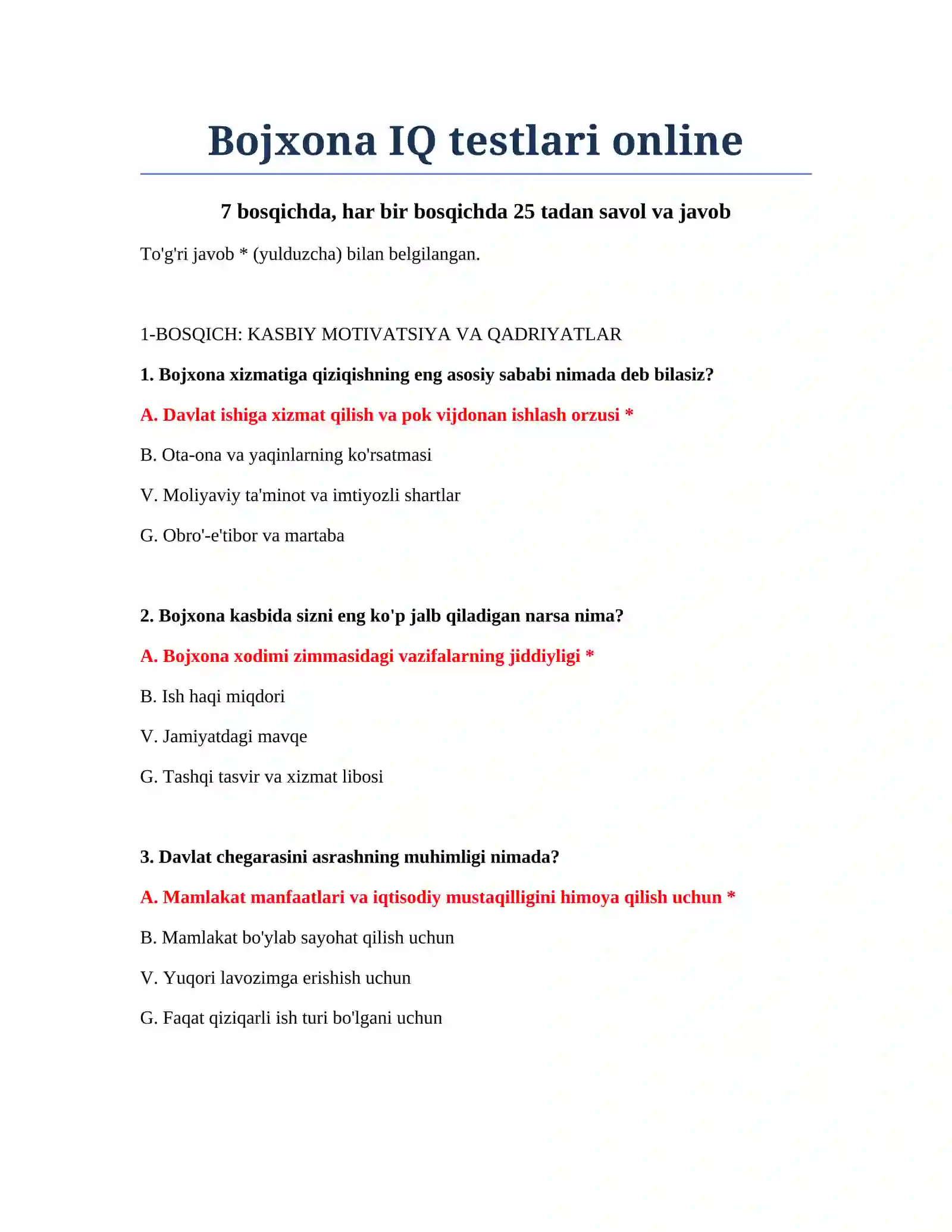 Bojxona IQ testlari online 2