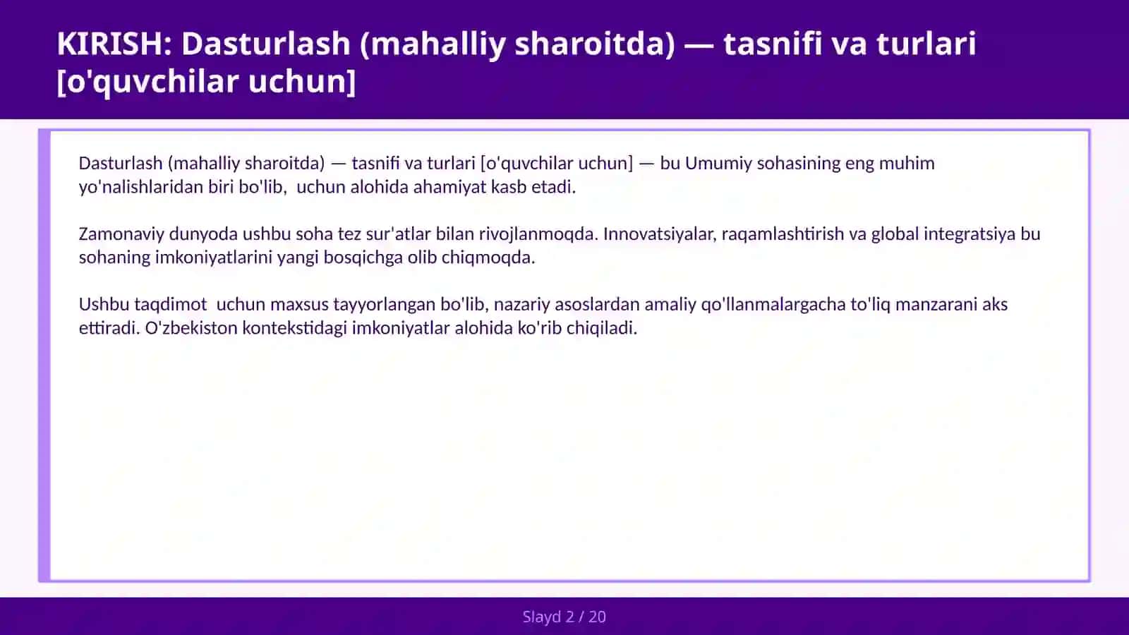 DASTURLASH (MAHALLIY SHAROITDA) — TASNIFI VA TURLARI [O'QUVCHILAR UCHUN] 2
