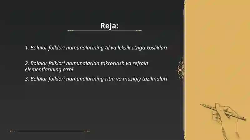 Bolalar folklori namunalarining oʻziga xos belgilarini aniqlash 2