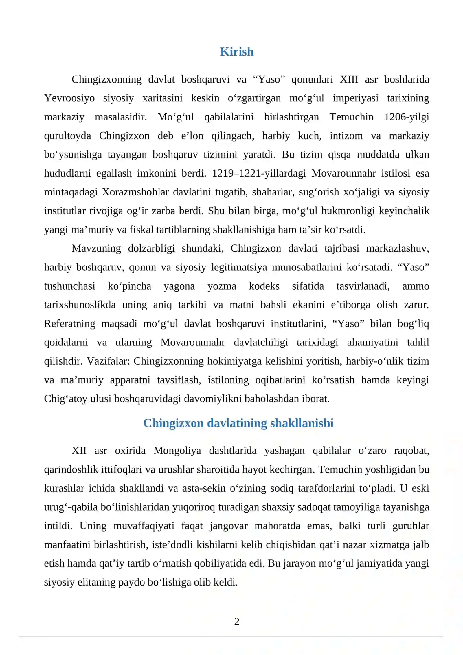 Chingizxonning davlat boshqaruvi va “Yaso” qonunlari:Movarounnahr davlatchiligi tarixidagi ahamiyati 2