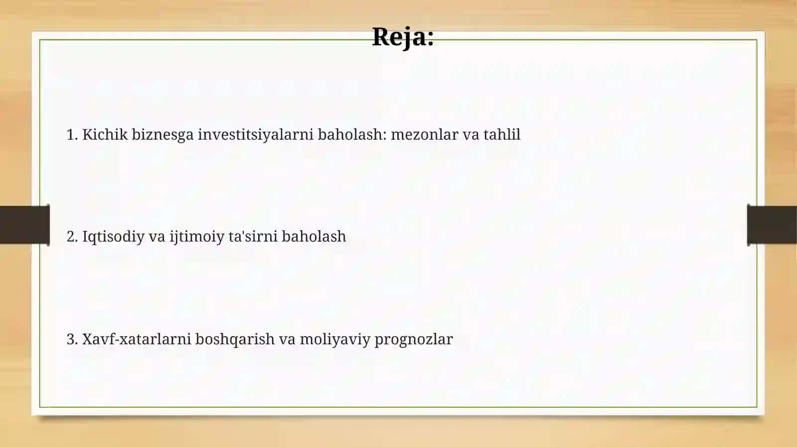Iqtisodiy va tadbirkorlik tarbiyasida kichik biznesdan investitsiyaning loyihaviy tahlili 2