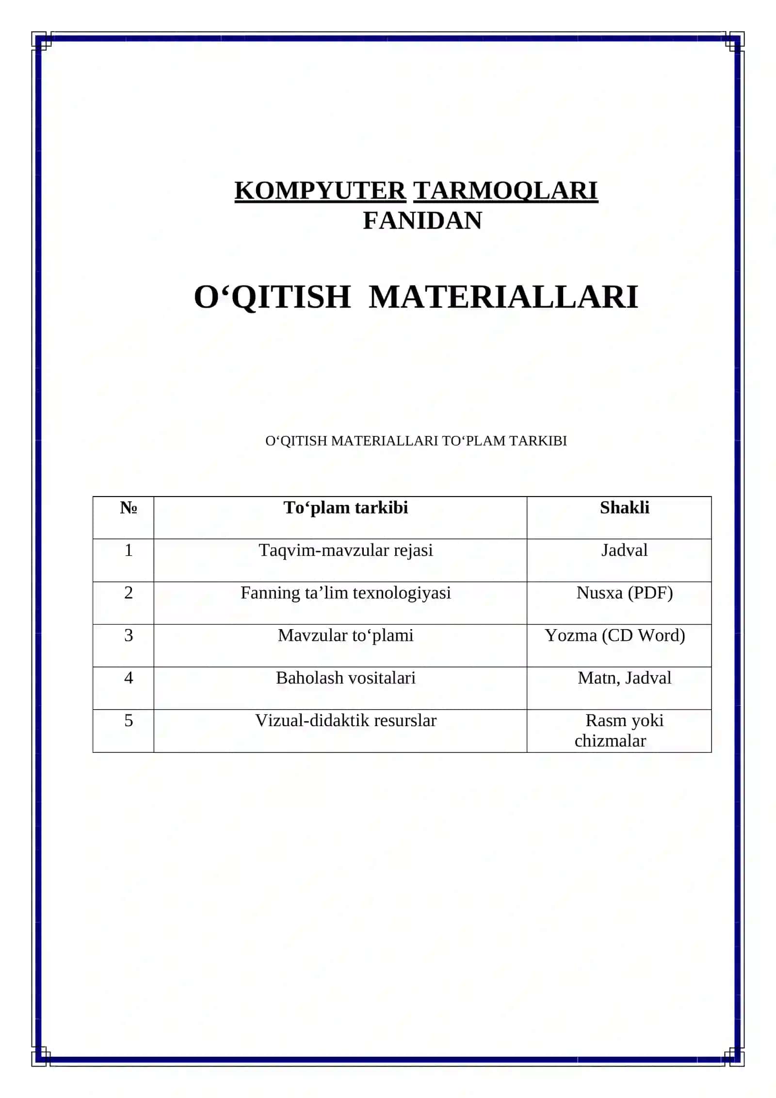 KOMPYUTER TARMOQLARI FANIDAN  O‘QITISH	MATERIALLARI 2