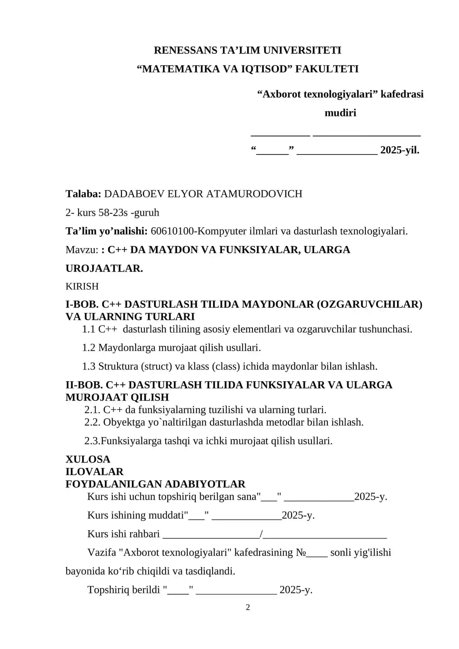 C++ DA MAYDON VA FUNKSIYALAR, ULARGA UROJAATLAR 2