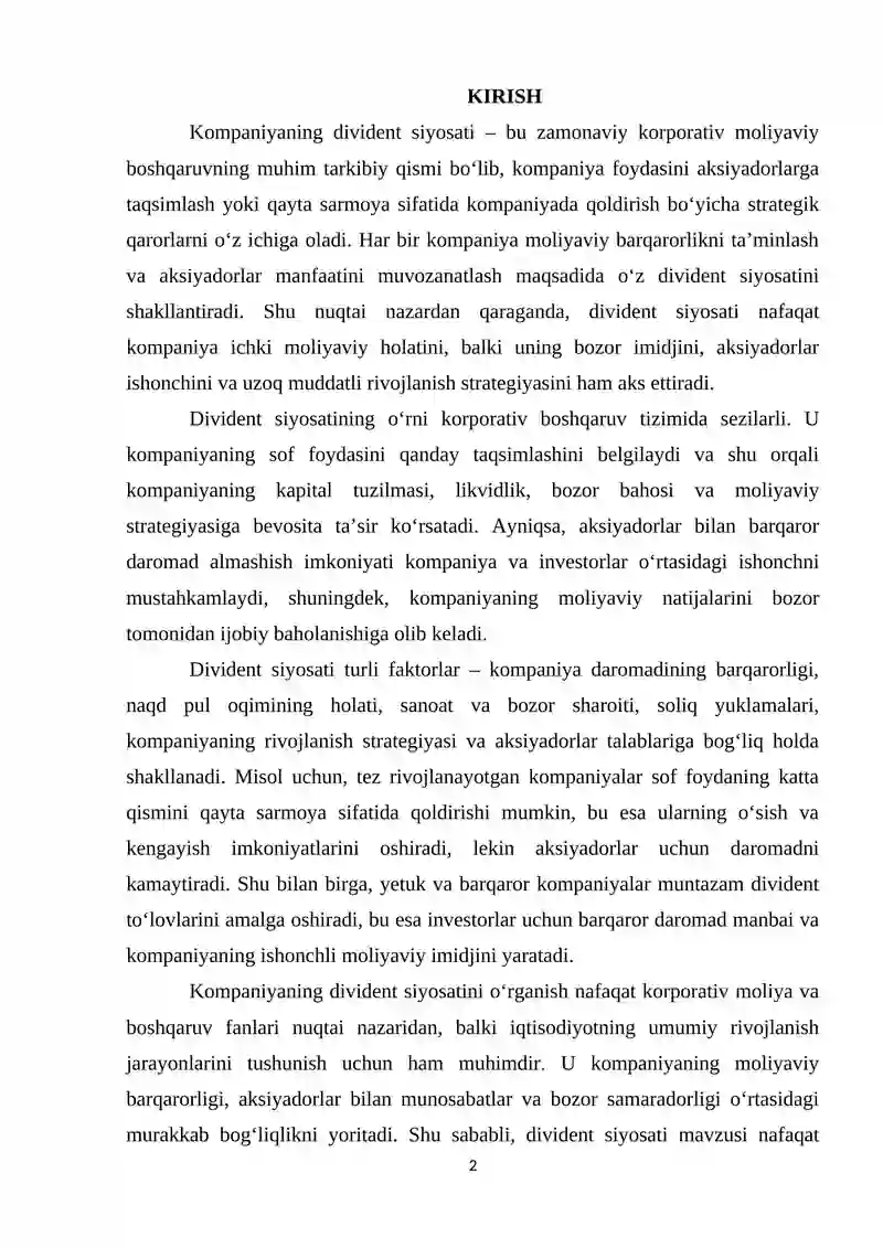 Kompaniyaning divident siyosati 2