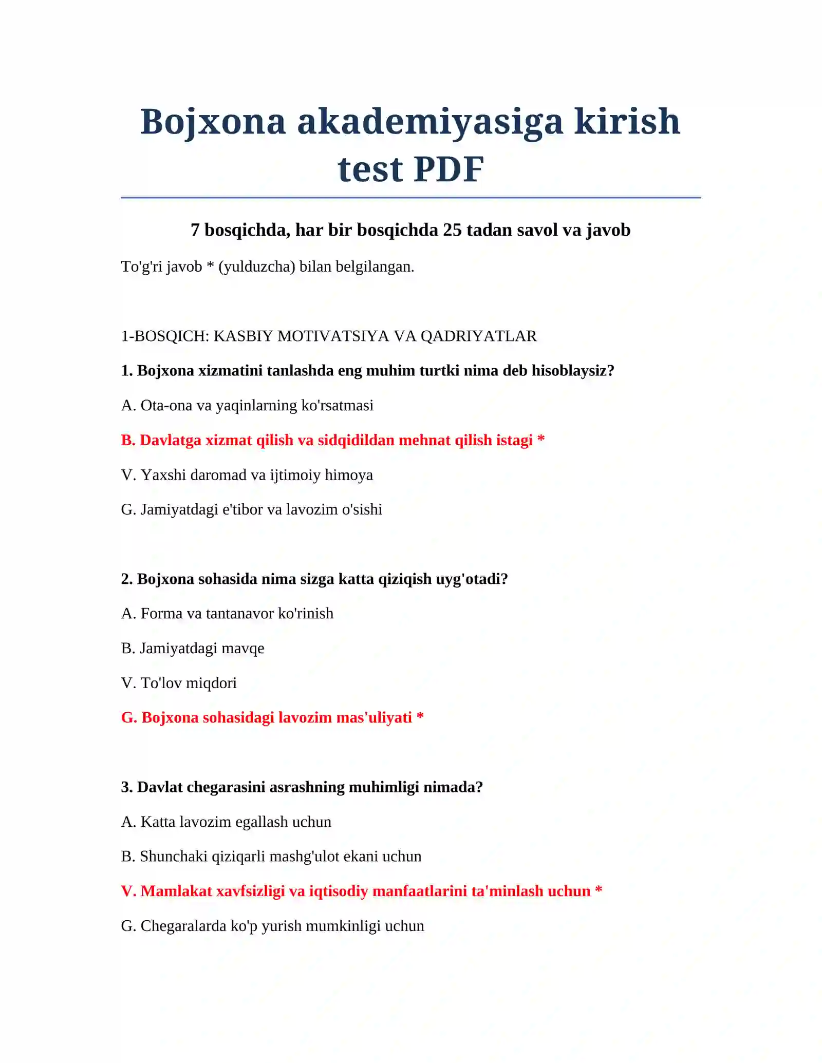 Bojxona akademiyasiga kirish test PDF 2