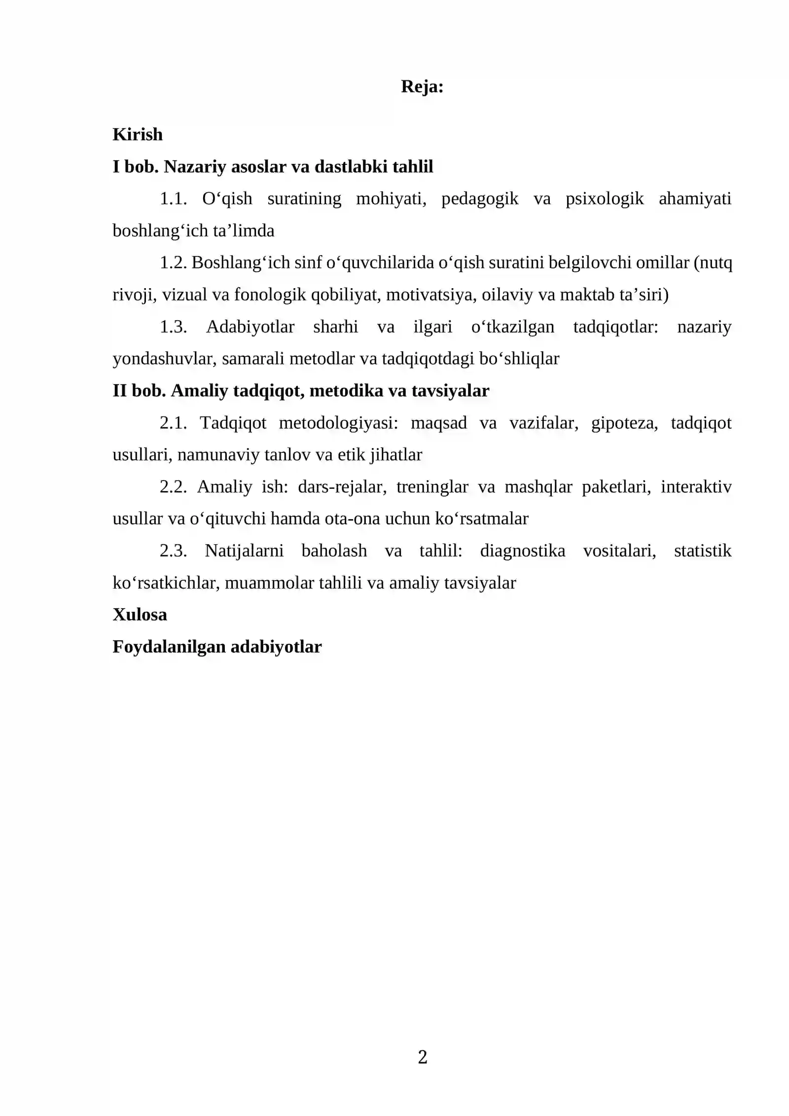 "BOSHLANGʻICH SINF OʻQUVCHILARINING OʻQISH SURATINI OSHIRISH" KURS ISHI 2