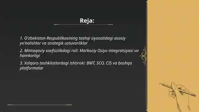 O'zbekiston Respublikasining jahon hamjamiyatida tutgan o‘rni va rivojlanish istiqbollari 2