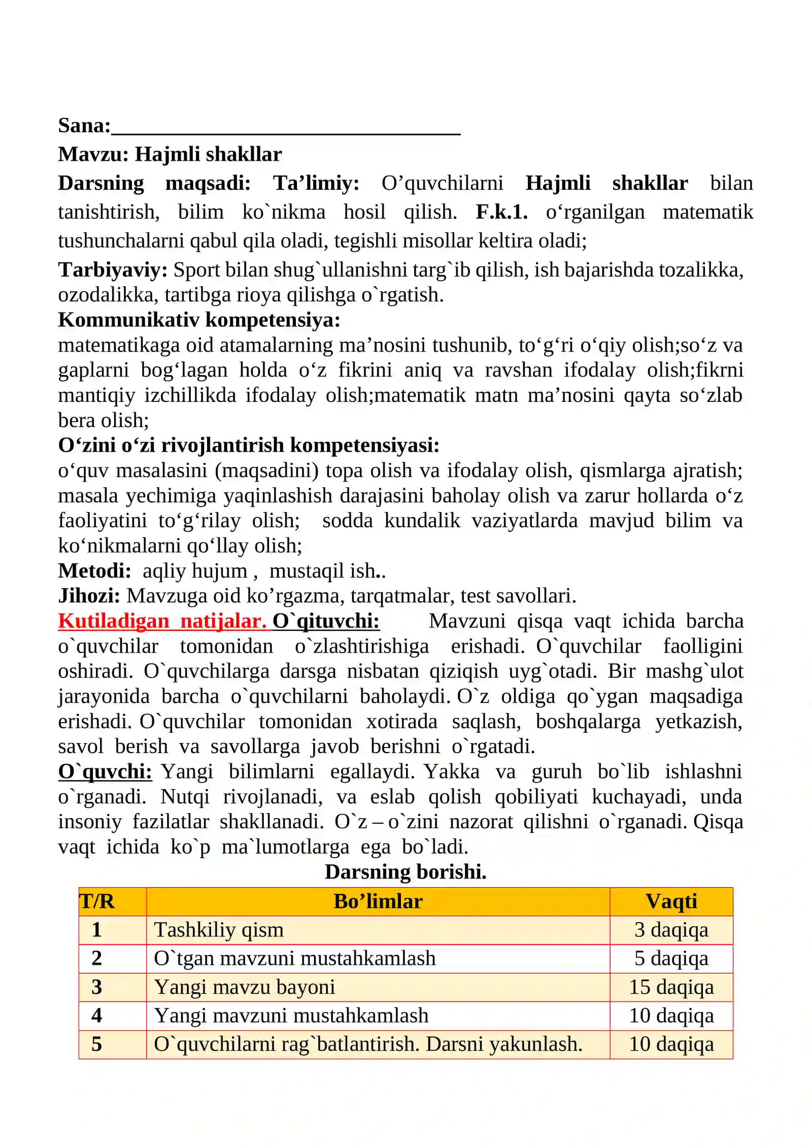 Hajmli shakllar mavzusida 2-sinf matematika fanidan dars ishlanmasi 2