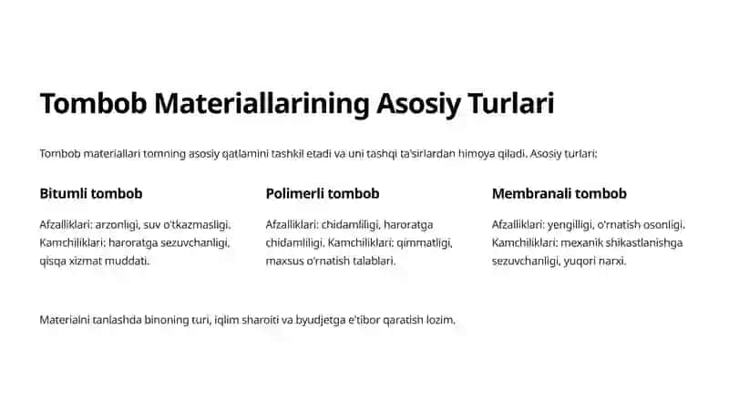Tombob va Gidroizolyatsiya Materiallari: Umumiy Ko'rinish 2