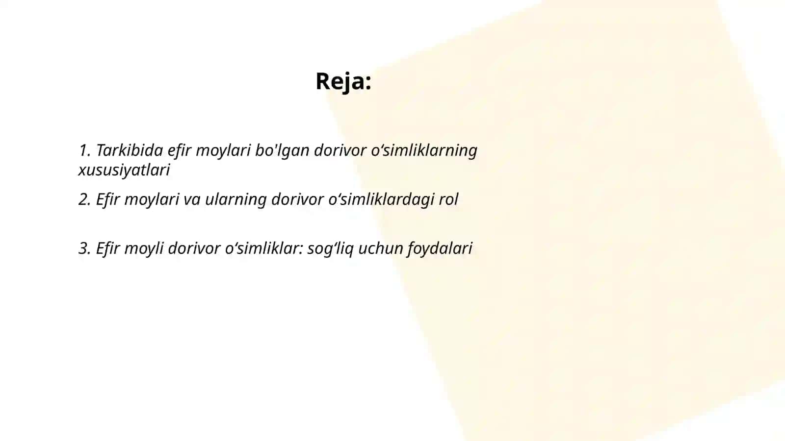 Tarkibida efir moylari bo'lgan dorivor oʻsimlik va mahsulotlar 2