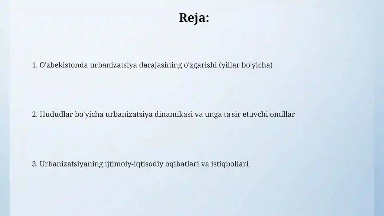 O'zbekistonning va viloyatlar urbanizatsiya darajasini yillar bo‘yicha o‘zgarishi 2