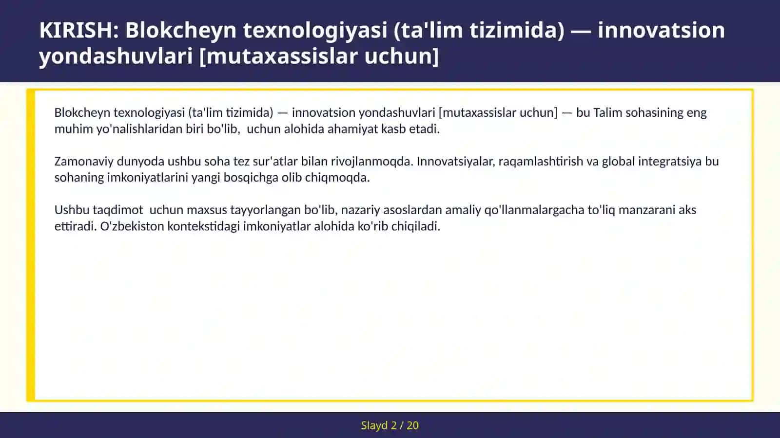 Blokcheyn texnologiyasi (ta'lim tizimida) — innovatsion yondashuvlari [mutaxassislar uchun] 2