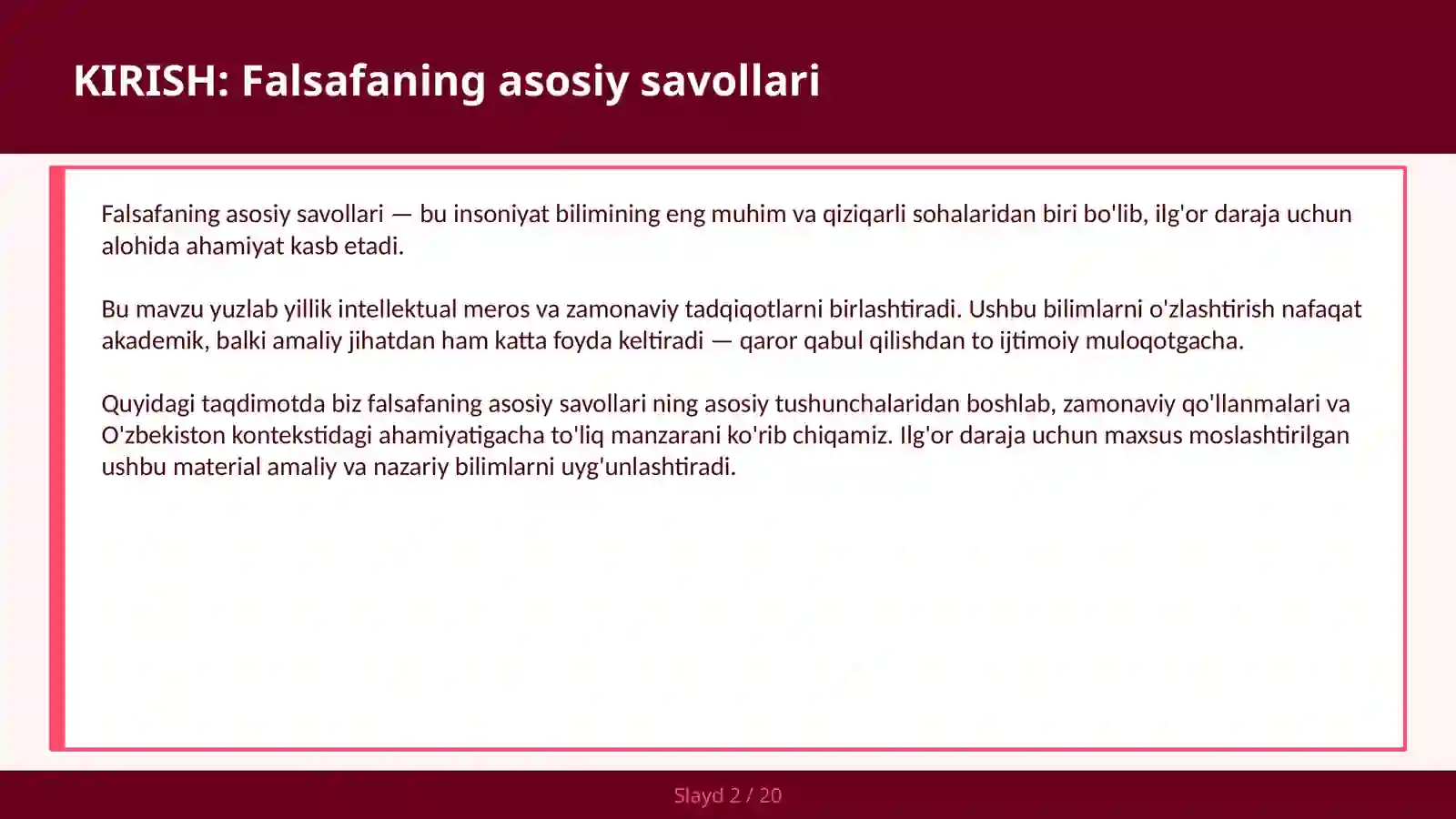 FALSAFANING ASOSIY SAVOLLARI 2