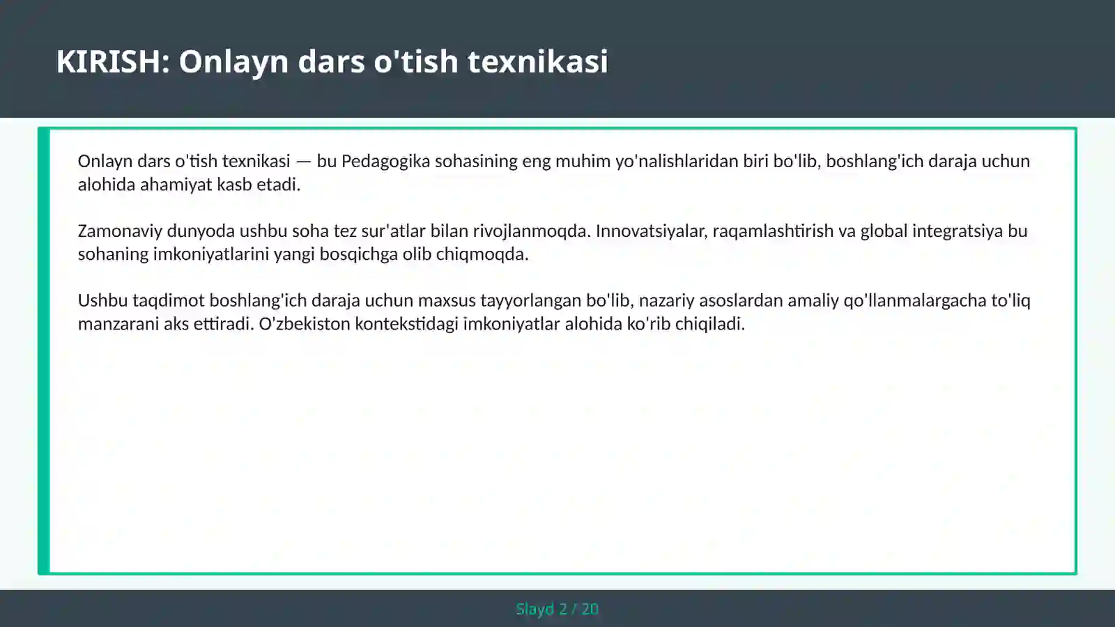 ONLAYN DARS O'TISH TEXNIKASI 2