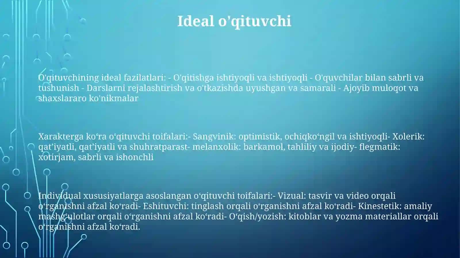 O'qituvchining Xarakteri Va Individual Xususiyatlariga QarabToifagaBólinishi 2