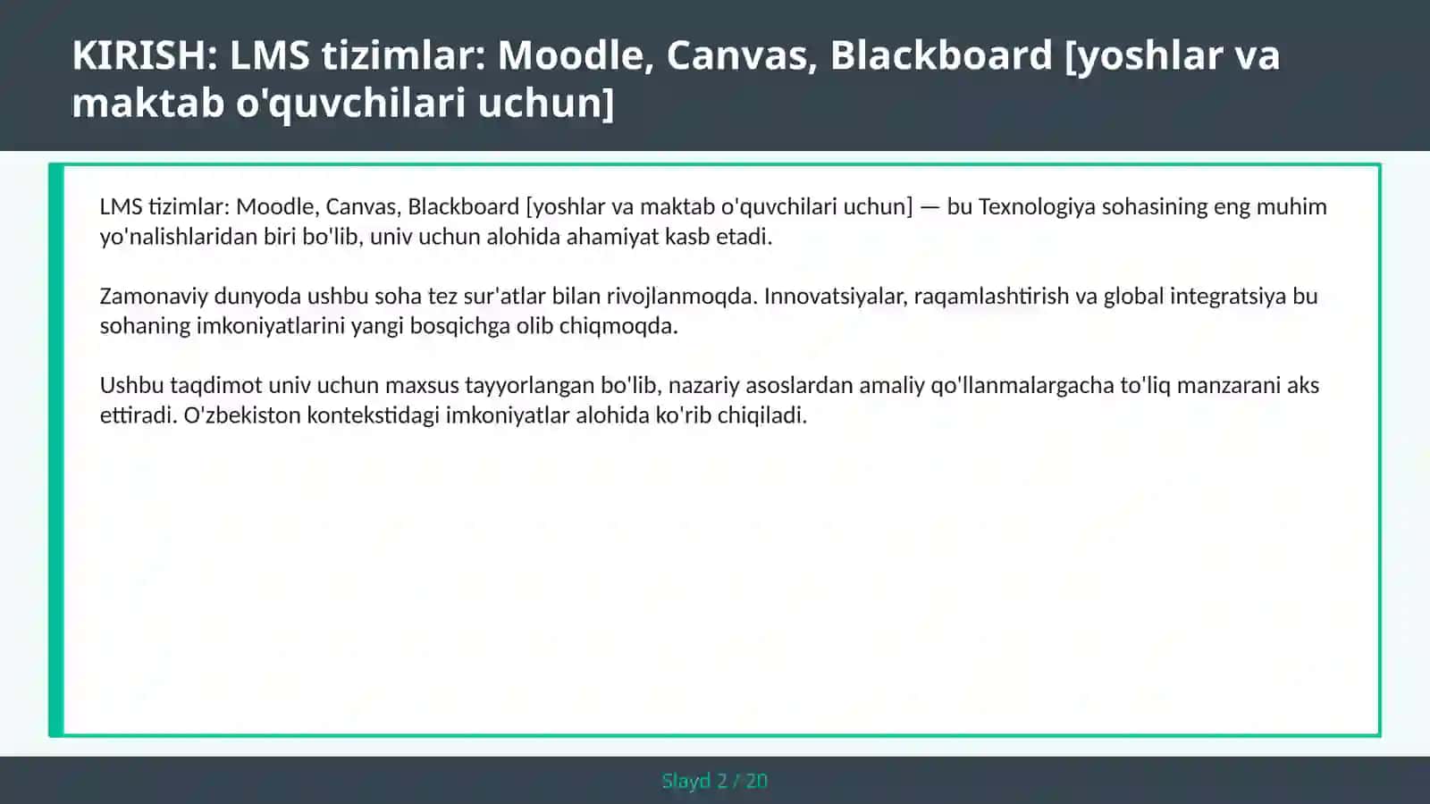 LMS tizimlar: Moodle, Canvas, Blackboard [yoshlar va maktab o'quvchilari uchun] 2
