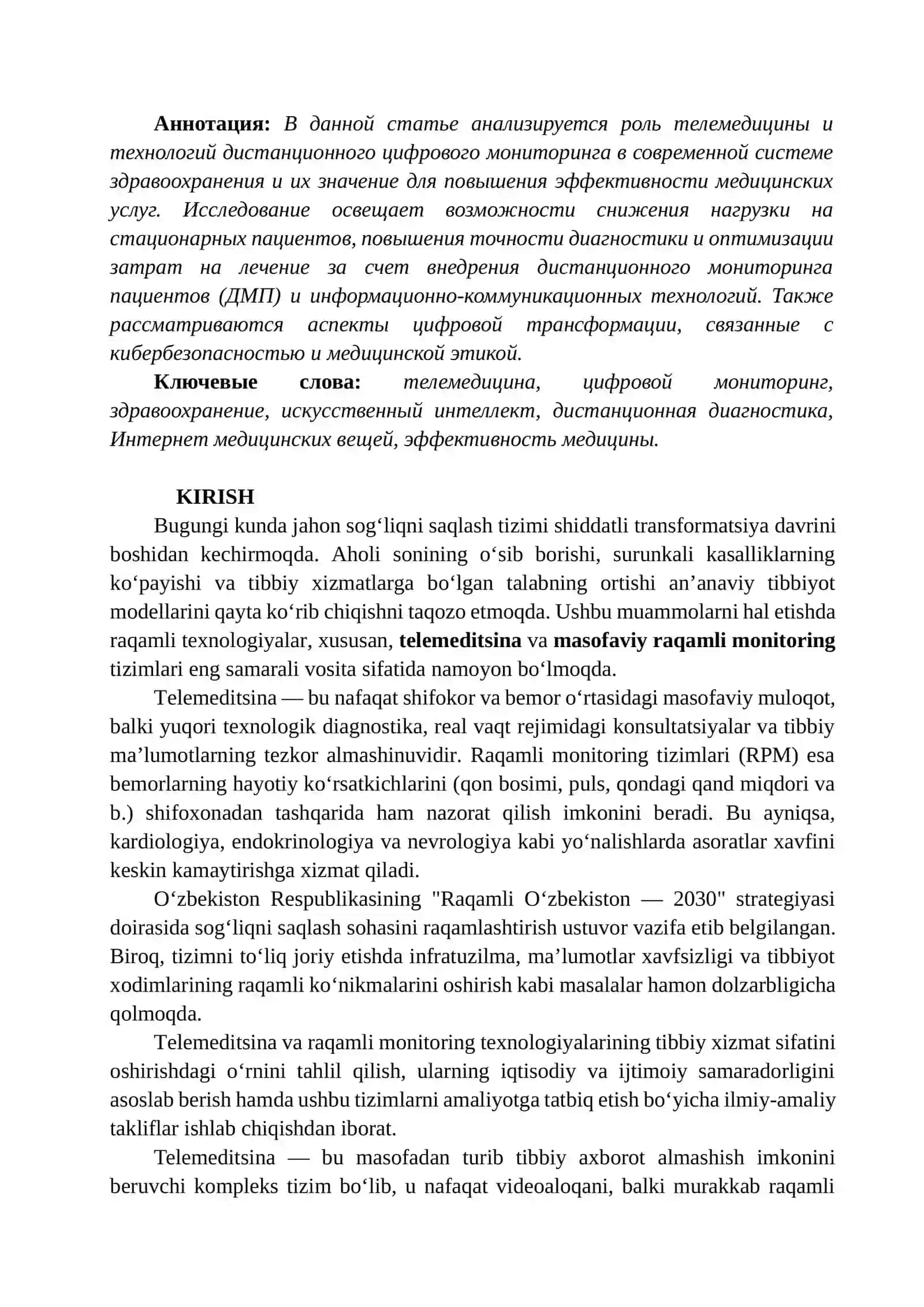 TELEMEDITSINA VA RAQAMLI MONITORING YORDAMIDA TIBBIY XIZMAT SAMARADORLIGINI OSHIRISH 2