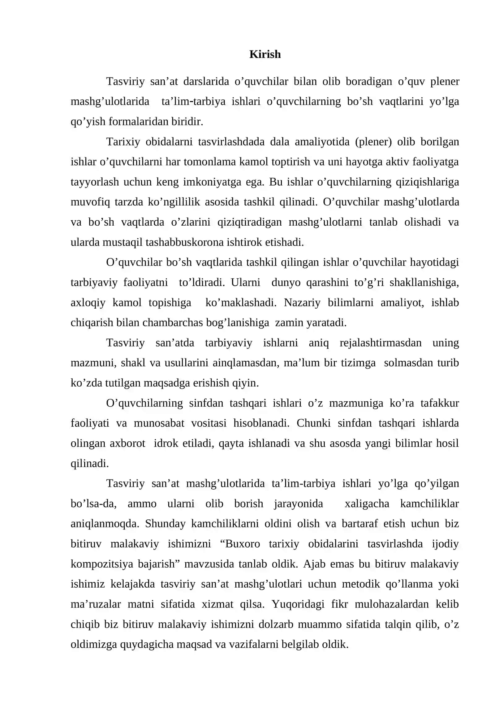 Buxoro tarixiy obidalarini tasvirlash mavzusida ijodiy kompozitsiya bajarish. 2