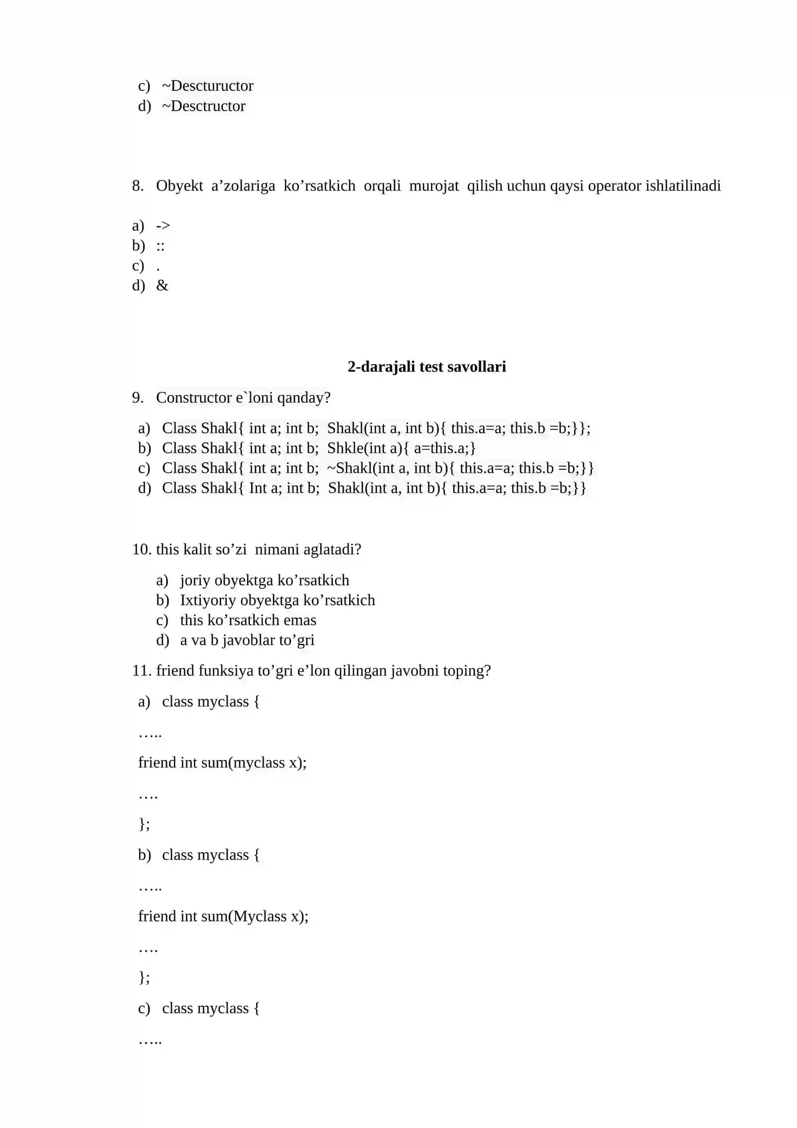 DASTURLASH TILLARI UCHUN TEST SAVOLLARI 2