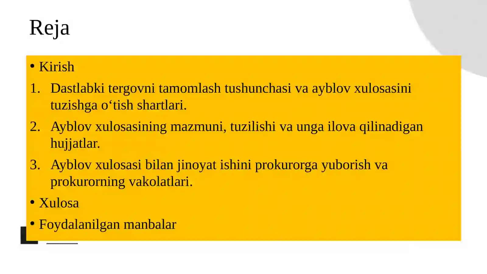 Dastlabki tergovni ayblov xulosasini tuzish bilan tamomlash 2