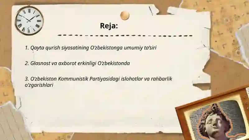 “Qayta qurish” yillarida O‘zbekistondagi ijtimoiy-siyosiy vaziyat mavzusida test tuzish. 2