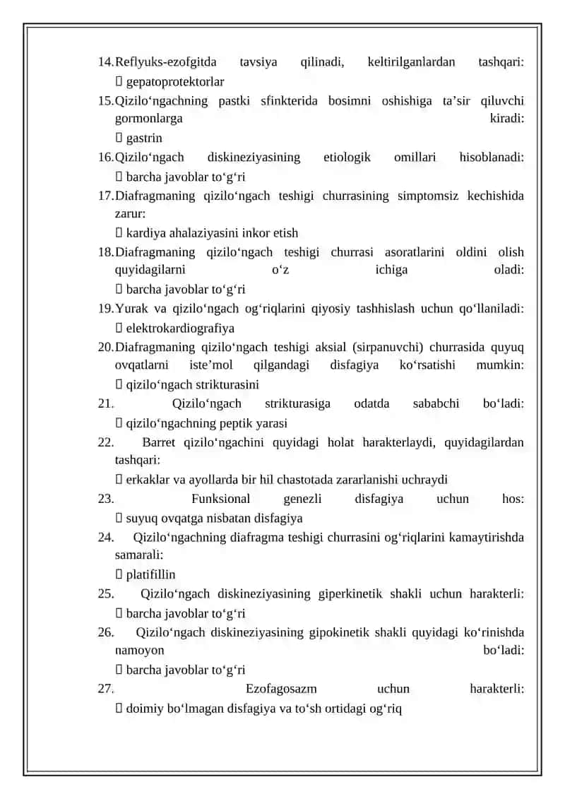 Gastroenterologiya mutaxassisligi boʻyicha shakllantirilgan test savollari roʻyxati 2
