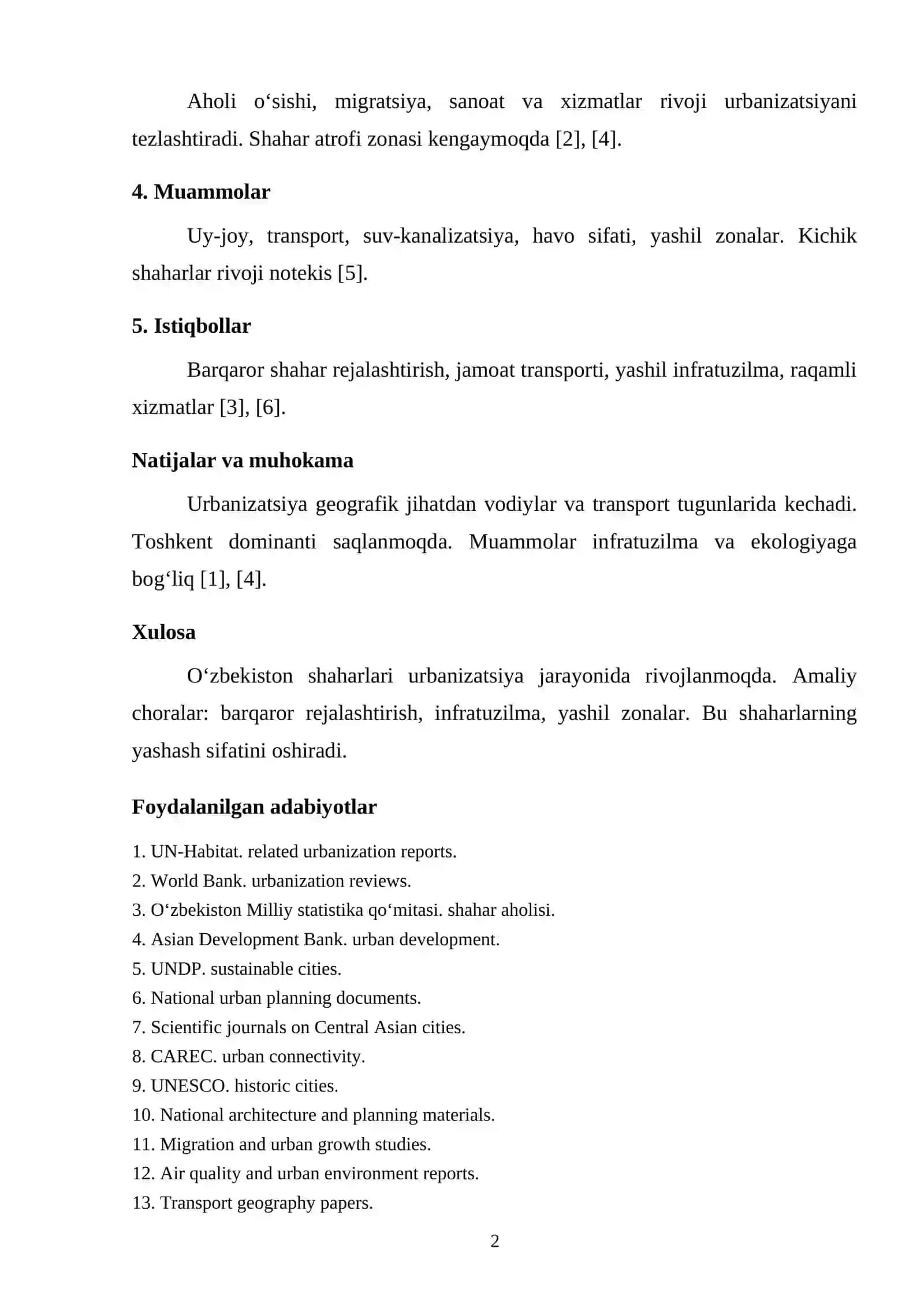 URBANIZATSIYA JARAYONLARI VA O'ZBEKISTON SHAHARLARINING GEOGRAFIK RIVOJLANISHI 2