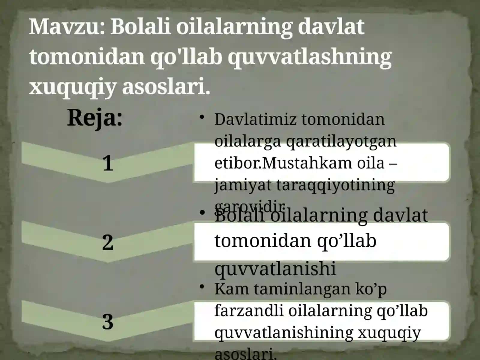 Bolali oilalarning davlat tomonidan qo'llab quvvatlashning xuquqiy asoslari 2